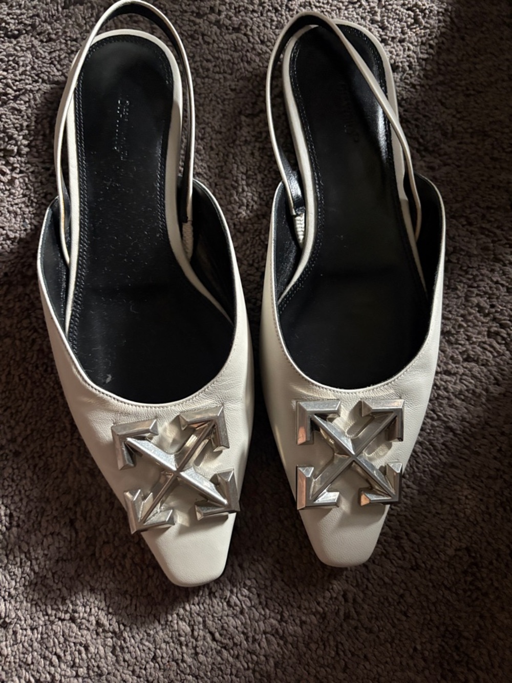 Off-White White Slingback Flats with Silver Arrow Emblem